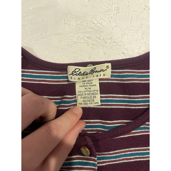 Vintage Eddie Bauer Button Up T Shirt Womens Medium Striped Purple Blue - Picture 6 of 11
